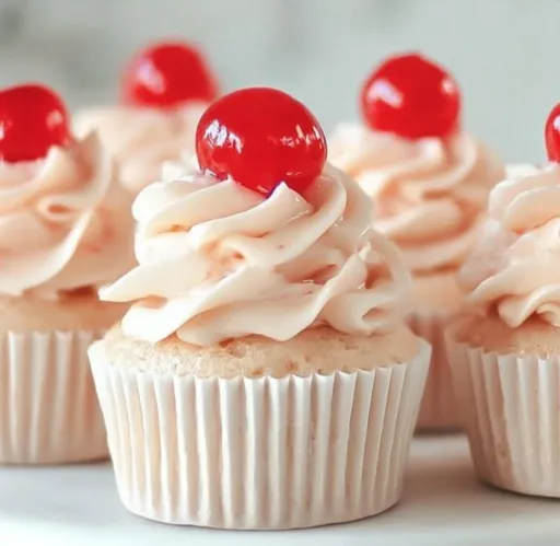 Delicious cherry almond cupcakes topped with cream frosting