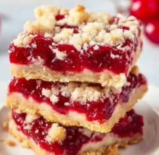 Delicious cherry pie bars topped with fresh cherries and a golden crust