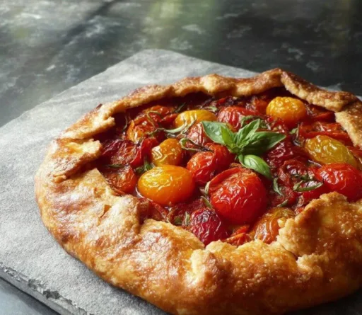Delicious cherry tomato and cheese galette served on a rustic wooden table.