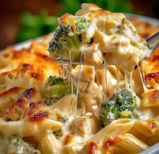 Creamy Chicken Alfredo bake topped with cheese and herbs in a casserole dish