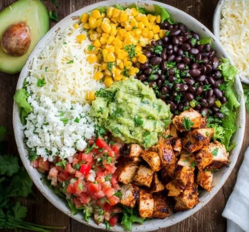 Delicious Chicken Burrito Bowl recipe with rice, beans, chicken, and toppings