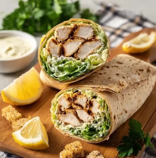 Chicken Caesar Wrap filled with grilled chicken, romaine lettuce, and Caesar dressing