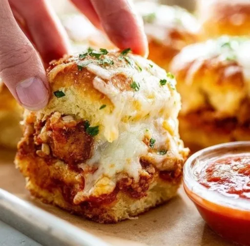 Delicious Chicken Parmesan Sliders served on a plate with marinara sauce