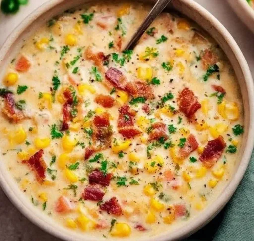 Delicious bowl of homemade Corn Chowder topped with fresh herbs.