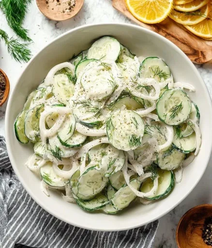 A refreshing creamy cucumber salad in a bowl, garnished with herbs.