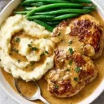Creamy garlic chicken served on a plate garnished with herbs