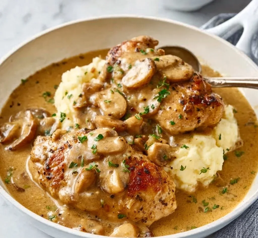 Creamy Garlic Chicken Recipe with Gravy and Mashed Potatoes