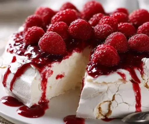 Creamy Raspberry Pavlova Pie topped with fresh raspberries and whipped cream.