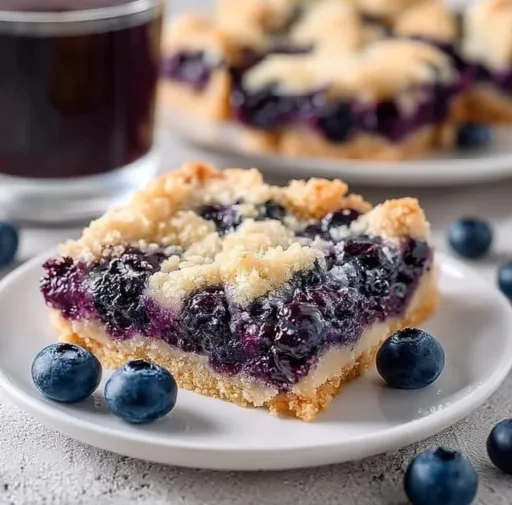 Delicious blueberry pie bars fresh out of the oven with a golden crust.
