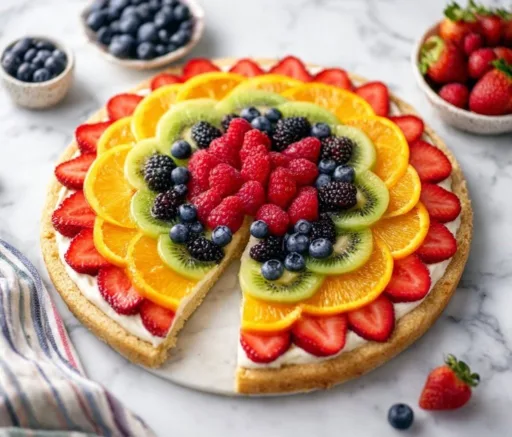 Delicious easy fruit pizza topped with colorful fresh fruits and creamy frosting.