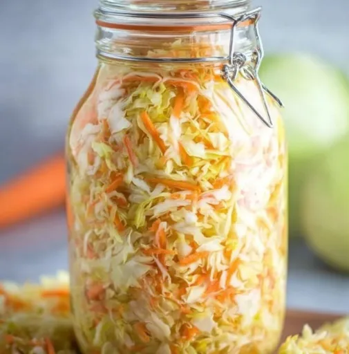 Jar of easy pickled cabbage with spices and vegetables