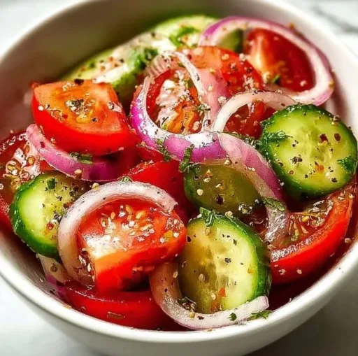 Fresh tangy marinated cucumber in a bowl with herbs and spices