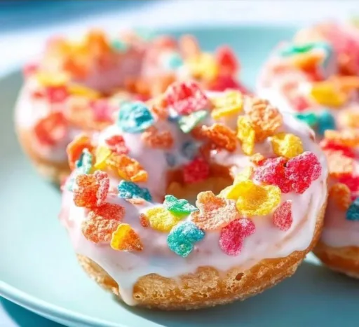Fruity Pebble baked vanilla donuts with colorful cereal topping