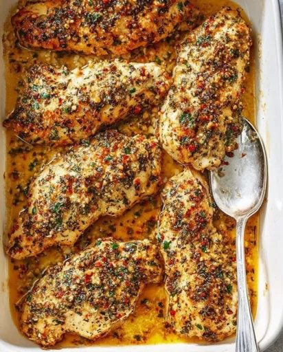 Plate of Garlic Chicken Parmesan garnished with herbs and served with pasta.