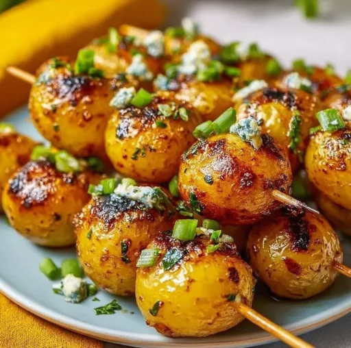 Delicious grilled potato skewers with vibrant vegetables on a BBQ grill