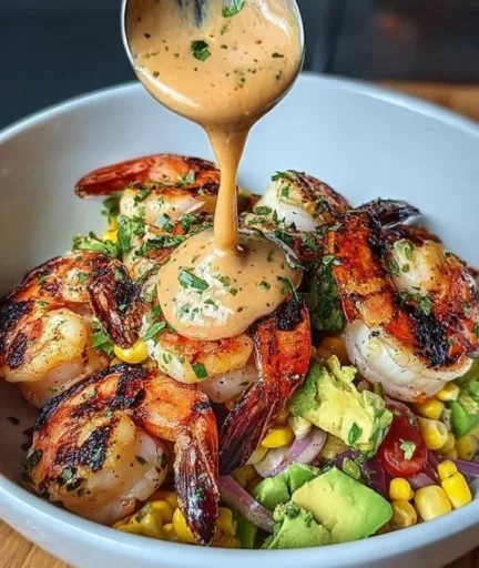 Grilled shrimp avocado bowl with fresh ingredients and vibrant colors