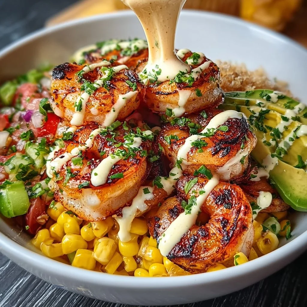 Grilled Shrimp Bowl with Avocado, Corn Salsa & Creamy Garlic Sauce