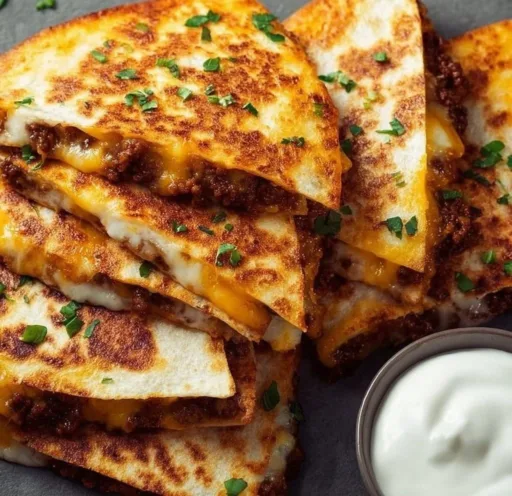 Ground beef quesadillas with a crispy golden-brown crust on a plate.