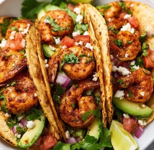 Delicious shrimp tacos garnished with fresh ingredients and served on a plate