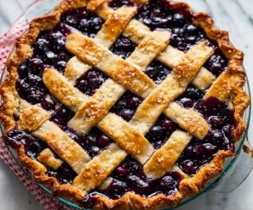 Homemade blueberry pie fresh out of the oven with a golden crust