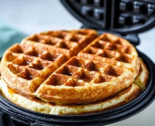 Delicious homemade waffles topped with fresh fruit and syrup