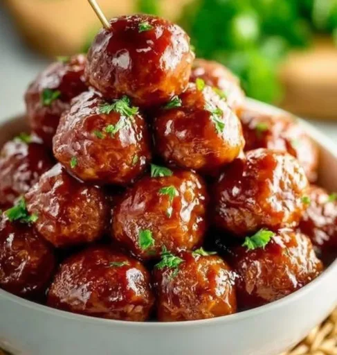 Delicious honey BBQ crockpot meatballs served in a warm dish