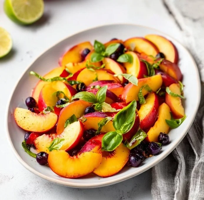 Honey Lime Basil Peach Fruit Salad