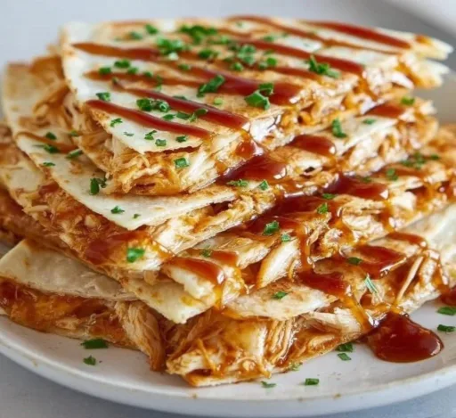 Hot Honey BBQ Chicken Quesadillas with melted cheese and drizzled honey
