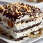 Delicious ice cream sandwich cake with layers of ice cream and cookie.