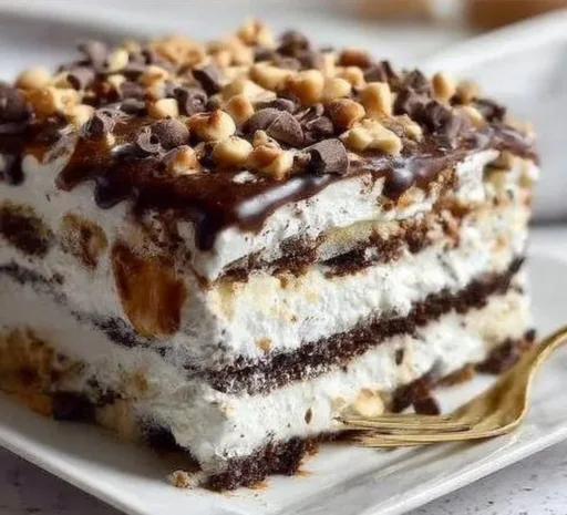 Delicious ice cream sandwich cake with layers of ice cream and cookie.