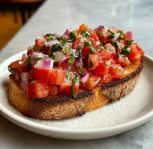 Italian bruschetta with fresh tomatoes and basil on toasted bread