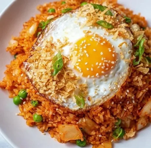 Delicious bowl of Korean-inspired Kimchi Fried Rice garnished with green onions.
