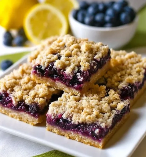 Delicious Lemon Blueberry Streusel Bars on a plate, topped with crumbly streusel.