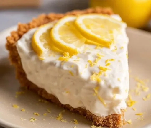 Slice of Lemonade Cream Cheese Pie topped with lemon zest and whipped cream.