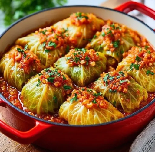 Lentil and rice stuffed cabbage rolls on a plate