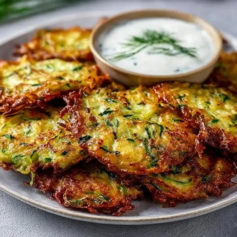 Plate of Mediterranean zucchini fritters garnished with herbs and served with dipping sauce