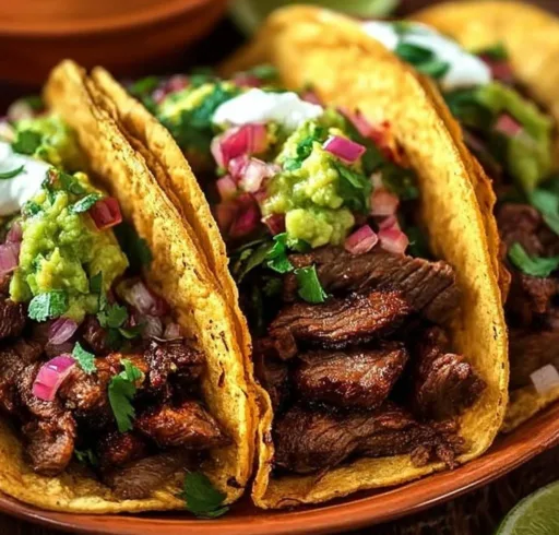 Delicious Mexican steak tacos topped with fresh ingredients and spices.