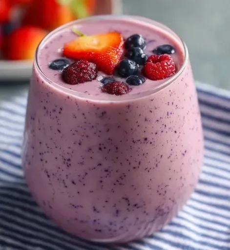 A vibrant mixed berry smoothie in a glass with fresh berries on the side.