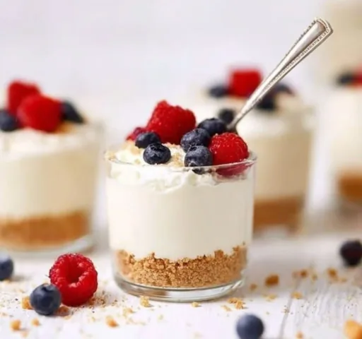 Delicious no-bake cheesecake cups topped with fresh fruit.