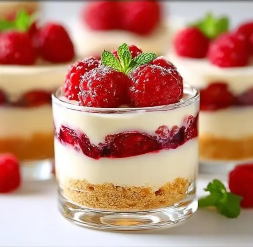 No-bake raspberry cheesecake cups topped with fresh raspberries
