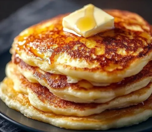 Stack of fluffy old fashioned pancakes topped with syrup and berries