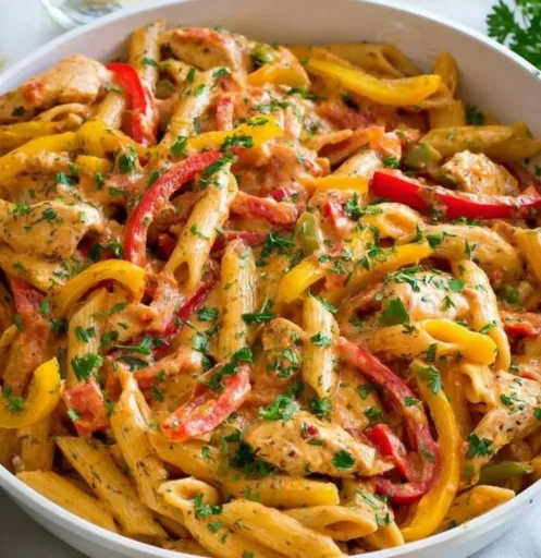 One Pot Cajun Chicken Pasta in a skillet with colorful vegetables and spices