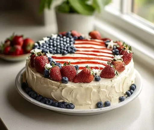 Beautifully decorated Patriotic Cake with red, white, and blue layers for celebrations