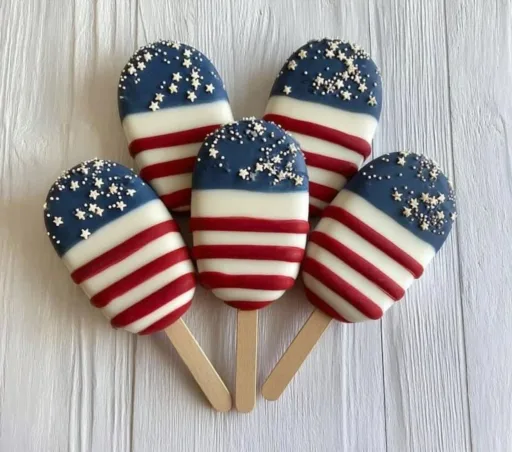 Patriotic lollipops on wooden sticks, ideal for festive celebrations.