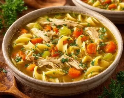 Delicious bowl of Paula Deen Chicken Noodle Soup with fresh ingredients.