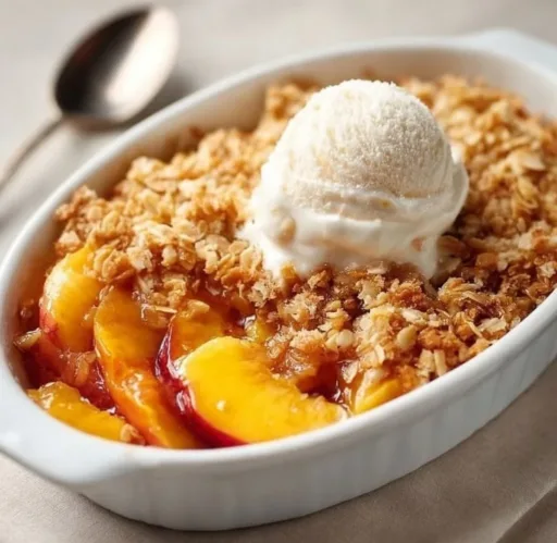 Delicious Peach Crisp with Oatmeal topped with brown sugar and cinnamon