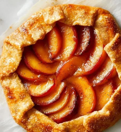 Freshly baked Peach Galette with juicy peaches on a flaky crust