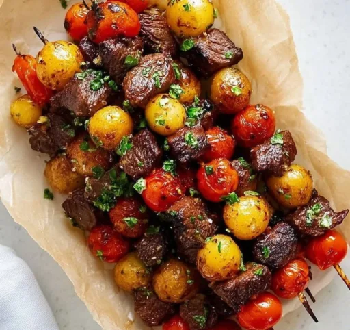 Delicious rosemary garlic steak kebabs on a grill, ready to serve