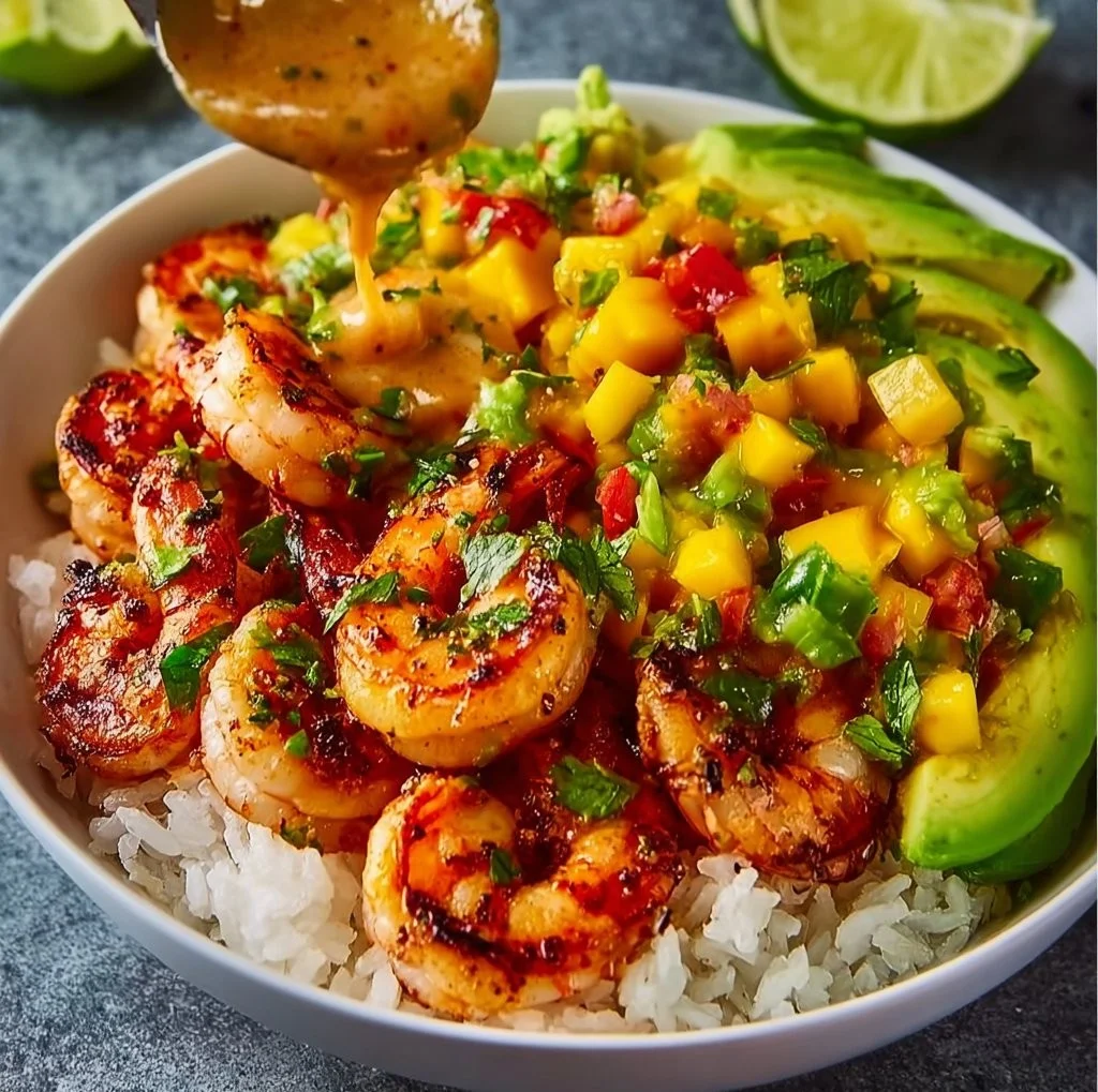 Shrimp and Avocado Bowls with Mango Salsa & Lime-Chili Sauce