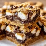 Delicious S'mores Cookie Bars stacked on a plate with melted chocolate and marshmallows.
